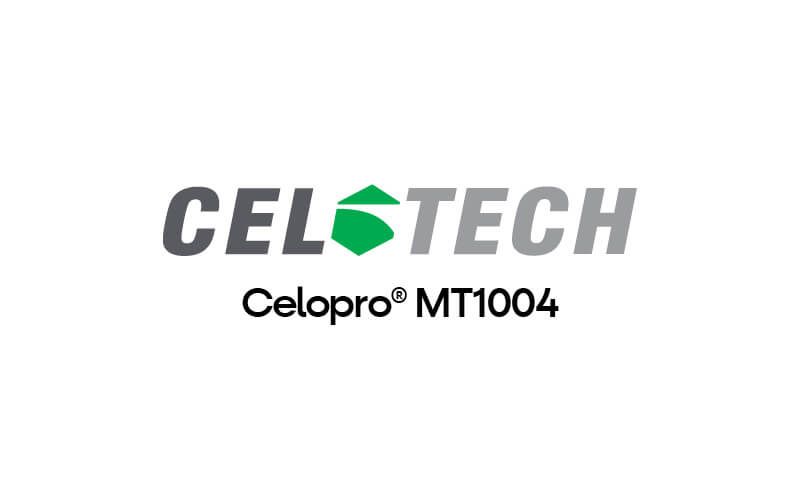 A logo with the word "CELOTECH" and an abstract green hexagon above it. Below the logo reads "Celopro® MT1004".