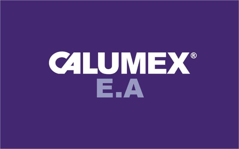 White text on a purple background reads "CALUMEX E.A" with a registered trademark symbol.