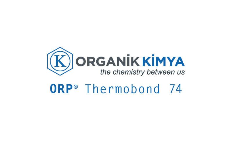 A logo featuring a blue hexagon with a "K" inside, above the text "ORGANIK KIMYA the chemistry between us" and "ORP® Thermobond 74" below in blue