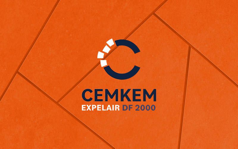 A stylized 'C' logo is centered over a geometric terracotta tile background, accompanied by the text "CEMKEM EXPELAIR DF 2000."