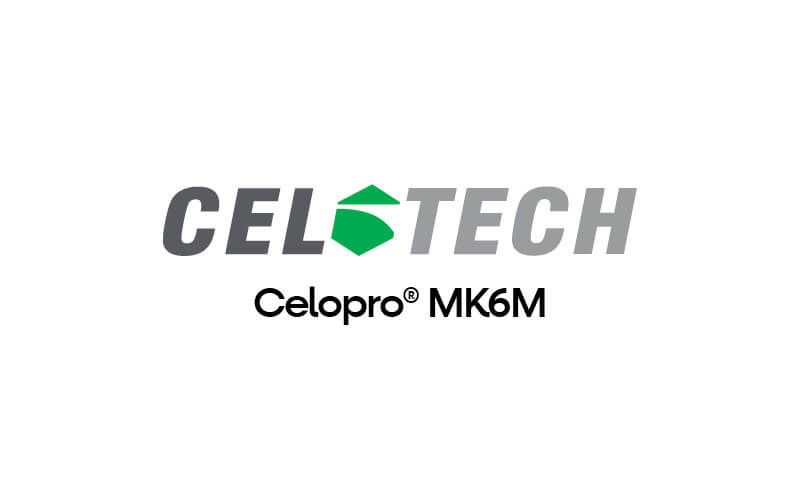 A logo reading "CELOTECH" with a green emblem replacing the "O" and text underneath "Celopro® MK6M" on a white background.